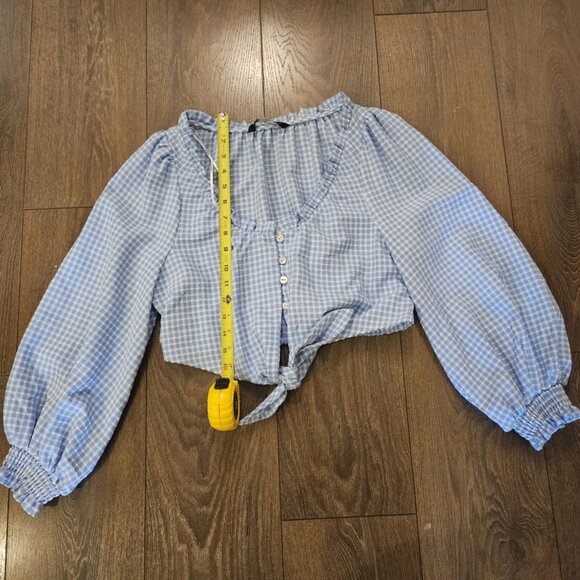 Zara Women's Blue & White Gingham Prairie Boho Cottage Crop Top Tie Front Size M - Picture 10 of 14